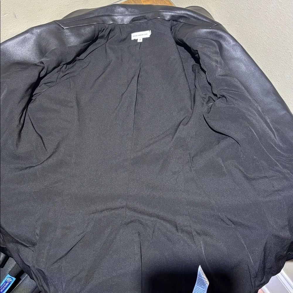 Good American Black Faux Leather Sculpted Blazer, Zipper detail on arms, size 2